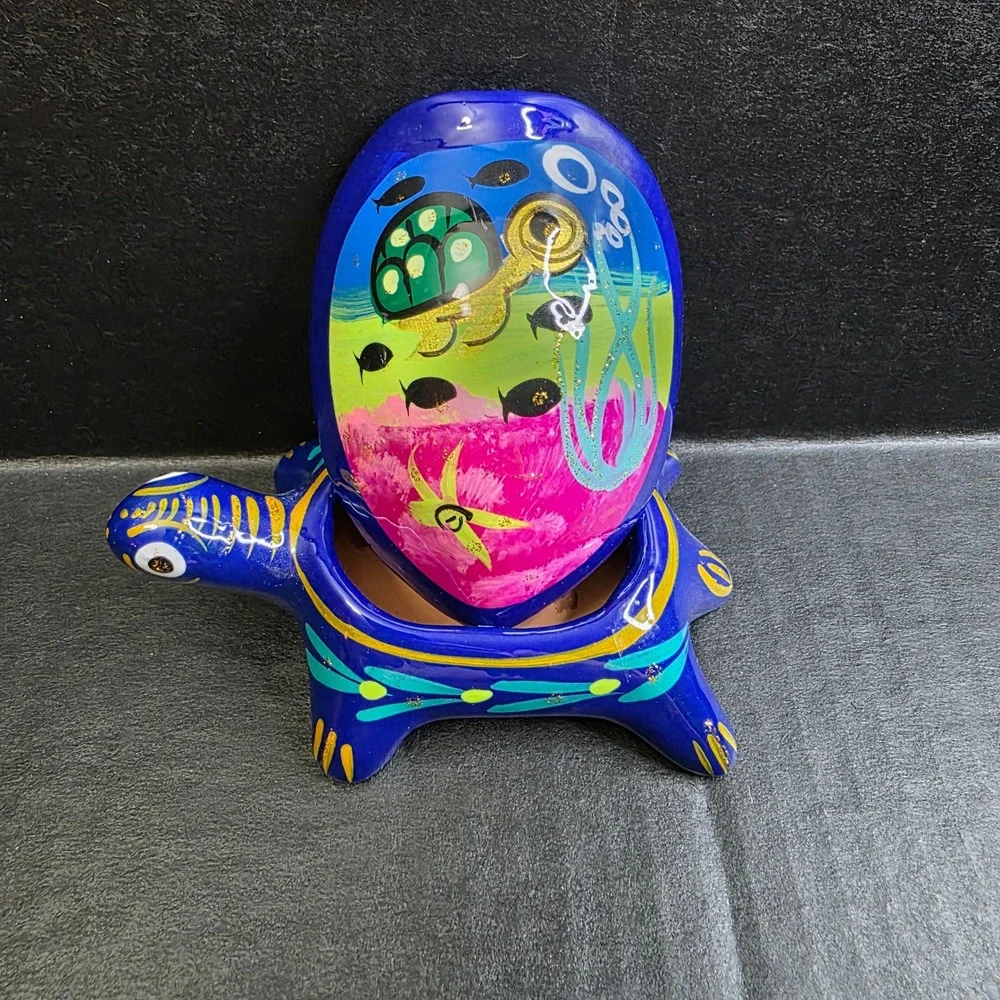 Folk Art Blue Ceramic Sea Turtle Trinket Box Talavera Decor Jewelry Dish